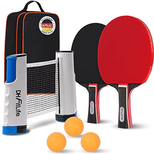DH FitLife Tischtennisschläger Set für 2 Spieler, mit ausziehbarem mobilen Tischtennisnetz, 3 Tischtennisbälle, 2 Schläger, inkl. Aufbewahrungstasche, für jeden Tisch, Tischtennis Set mit Netz von DH FitLife
