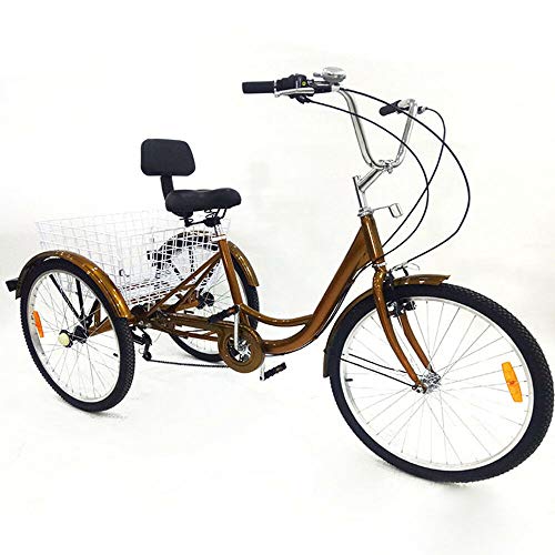 DIFU Erwachsenen Fahrrad, 3 Rad 24'' Dreirad Fahrrad Gold Erwachsenen Dreirad Senioren Tricycle Erwachsenen 6-Gang mit Korb Einkaufskorb(Gold) von DIFU