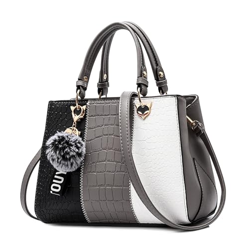 DIRRONA Elegant Damen Handtasche Farbblock Design Schultertasche Groß Kapazität Umhängetasche Beiläufig Reise PU Leder Taschen Büro Schule Einkauf Henkeltaschen Grau B von DIRRONA