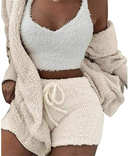 DIVAND Damen Winter Plüsch Homewear Casual 3-Teiliger Pyjama Langarm Flauschige Kapuzenjacke Mit Offener Vorderseite Mantel & Shorts & Weste Anzug Mode Warm Halten Kleidung,Weiß,M von DIVAND