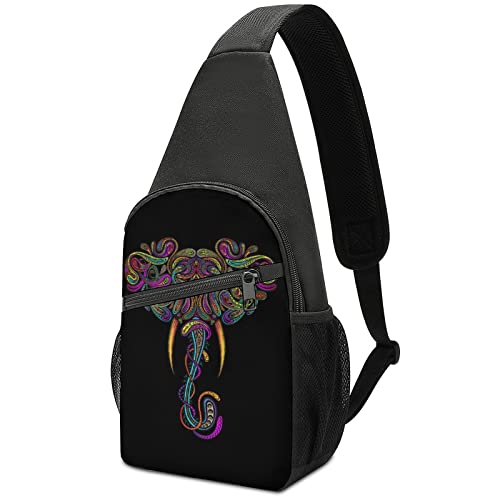 Bunter Elefant auf einem schwarzen Umhängetaschen-Rucksack, leichte Schultertasche mit einem Riemen, für Reisen, Wandern, Tagesrucksack von DJNGN