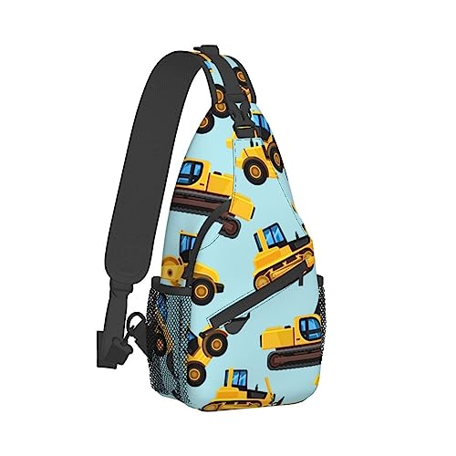 Cooler Sling-Rucksack für Männer und Frauen, Umhängetasche, kompatibel mit Buldozer Excavator Construct Machines, gelb-blaue Tasche, robuster Reise-Wander-Tagesrucksack mit Reißverschluss, verstellbar von DJNGN