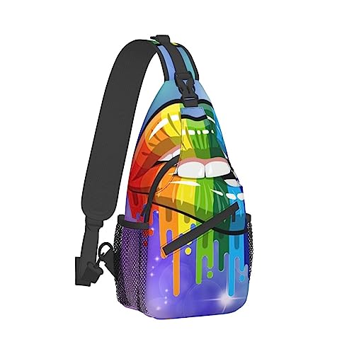 Lässiger Sling-Rucksack für Frauen, Brust-Schulter-Crossbody-Rucksack, lustiger Gym-Sack, kompatibel mit LGBT Gay Homosexuell Lesben Rainbow Lips Satchel Reisetasche Outdoor-Wander-Tagesrucksack von DJNGN