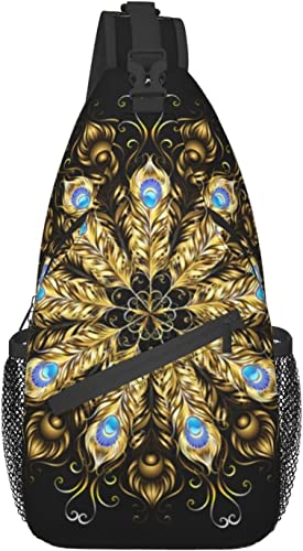 Schultertasche, Golden Peacock Feathers Print Umhängetasche für lässige Damen und Herren von DJNGN