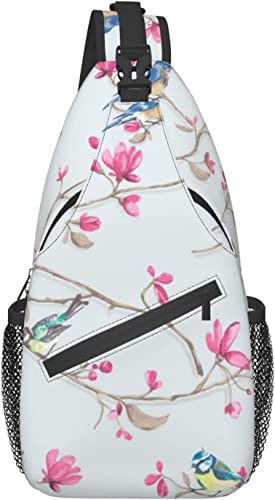 Schultertasche, Vogel- und rosafarbener Blumendruck, Umhängetasche für lässige Damen und Herren von DJNGN
