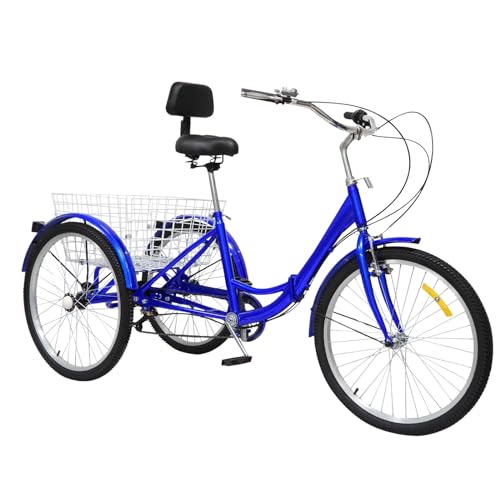 DJOAIUYF Dreirad 24 Zoll Faltbar Dreirad Für Erwachsene 7-Gang Mit Einkaufskorb Und Rückenlehne Kohlenstoffstahl Erwachsene Dreirad 3-Rad-Fahrrad Mit(Blau) von DJOAIUYF