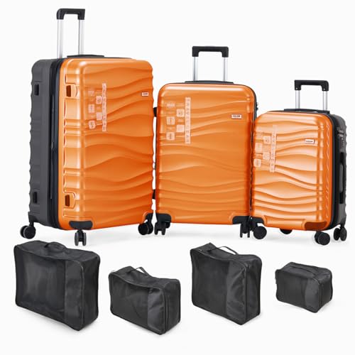 DMS 7-teiliges Hartschalen-Kofferset mit Teleskopgriff und 4 Rollen Koffer & Trolleys Reisekoffer Hauptstadtkoffer Set ABS Hard Shell Sicherheitsschloss (Orange) von DMS