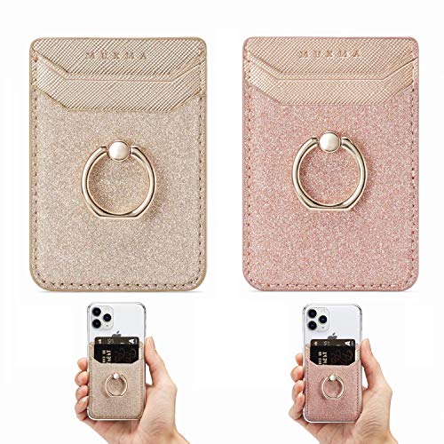 DMaos Handykartenhalter RFID Kreditkartenetui mit Ständerring für Frauen, 2 Stück Glitter Sands Wallet Stick-On Back Grip für iPhone Samsung Android und Smartphones - Rosa +Golden von DMaos