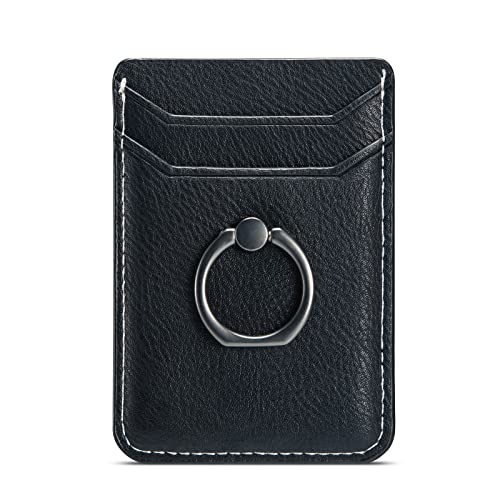 DMaos Kartenhalter Hülse mit Ring, RFID Credit Wallet Kunstleder Stick auf Rückseite Griff für iPhone Samsung Smartphone mit - Schwarz von DMaos