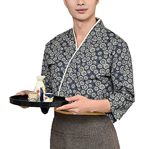 DNJKH Kimono Sushi-Jacke Japanischer Stil Langarm V-Ausschnitt Kragendruck Kochjacke Unisex Kochkleidung von DNJKH
