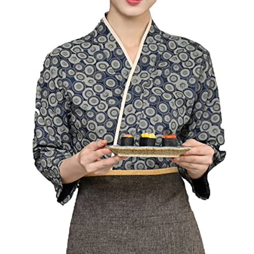 DNJKH Kimono Sushi-Jacke Japanischer Stil Langarm V-Ausschnitt Kragendruck Kochjacke Unisex Kochkleidung von DNJKH