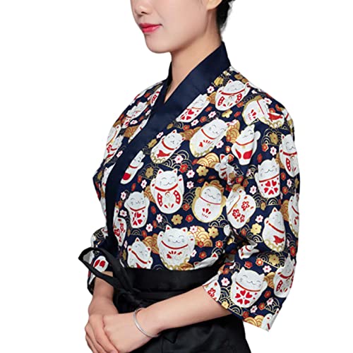 DNJKH Koch Uniform Katzendruck Gastronomie Arbeitskleidung Femmes kochbekleidung Seitlicher Haltegurt Kimono von DNJKH