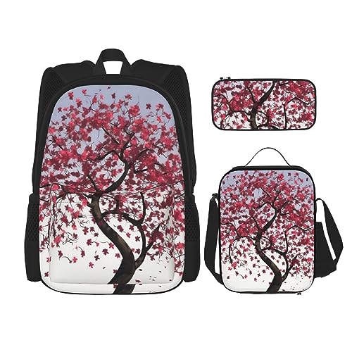 DOFFO Japanisches Kirschbaum-Druck-Rucksack-Set, Reise-Laptop-Rucksack für Damen und Herren, lässige Büchertasche mit Lunch-Tasche, Federmäppchen, 3-teilig, Schwarz, Einheitsgröße von DOFFO