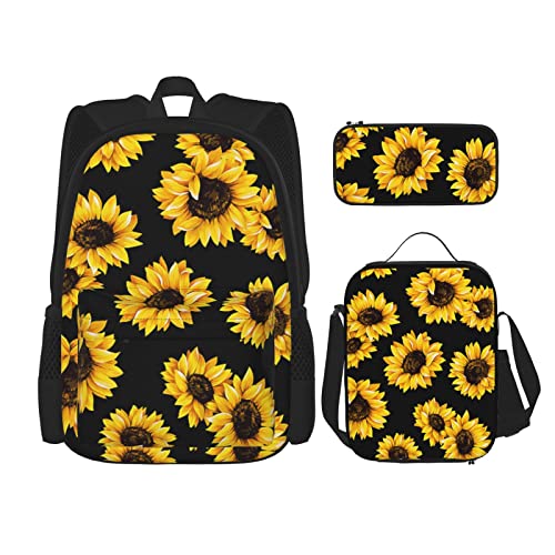 DOFFO Reiserucksack, Laptop-Rucksack mit Lunchtasche und Federmäppchen, Frühlings-Sonnenblumen, Schwarz, One Size, Schwarz , one size von DOFFO