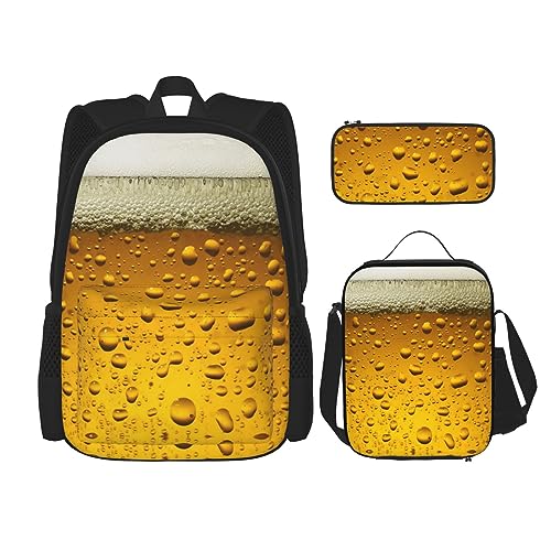 DOFFO Rucksack-Set mit Bier-Tapetendruck, Reise-Laptop-Rucksack für Damen und Herren, lässige Büchertasche mit Lunchtasche, Federmäppchen, 3-teilig, Schwarz, Einheitsgröße von DOFFO
