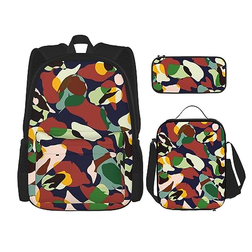 DOFFO Rucksack-Set mit Camouflage-Druck, Reise-Laptop-Rucksack für Damen und Herren, lässige Büchertasche mit Lunch-Tasche, Federmäppchen, 3-teilig, Schwarz, Einheitsgröße von DOFFO