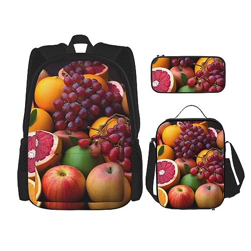 DOFFO Rucksack-Set mit Obstbild, Reise-Laptop-Rucksack für Damen und Herren, lässige Büchertasche mit Lunch-Tasche, Federmäppchen, 3-teilig, Schwarz, Einheitsgröße von DOFFO