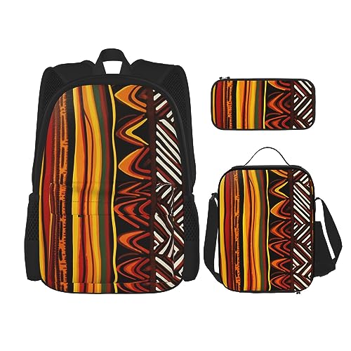 DOFFO Rucksack-Set mit afrikanischem Streifendruck, Reise-Laptop-Rucksack für Damen und Herren, lässige Büchertasche mit Lunchtasche, Federmäppchen, 3-teilig, Schwarz, Einheitsgröße von DOFFO