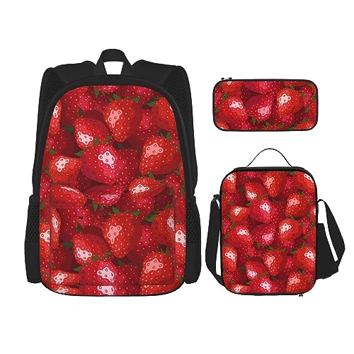 DOFFO Rucksack-Set mit rotem Erdbeerdruck, Reise-Laptop-Rucksack für Damen und Herren, lässige Büchertasche mit Lunchtasche, Federmäppchen, 3-teilig, Schwarz, Einheitsgröße von DOFFO