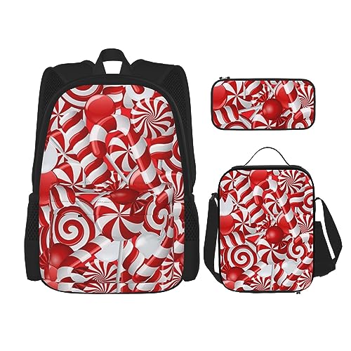 DOFFO Rucksack mit Zuckerstangen-Druck, Reise-Laptop-Rucksack für Damen und Herren, lässige Büchertasche mit Lunch-Tasche, Federmäppchen, 3-teilig, Schwarz, Einheitsgröße, Tagesrucksäcke von DOFFO