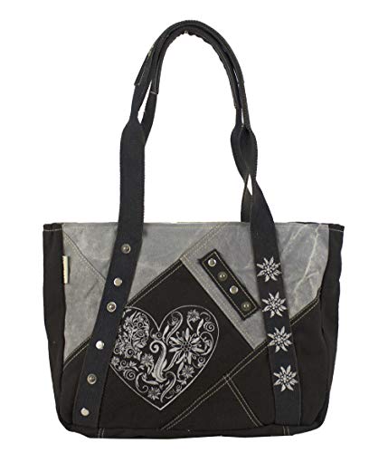 Domelo Trachten Handtasche. Schwarze Schultertasche mit Herzmotiv. Große Damen Oktoberfest Tasche. Shopper Trachtentasche mit Reißverschluss von DOMELO