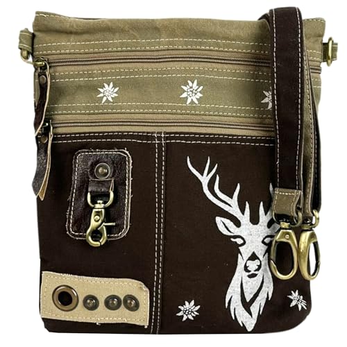Domelo Trachtentasche. Kleine Umhängetasche. Oktoberfest Damen Crossbody Bag mit Hirsch Aufdruck. Khakigrün Canvas Tasche als Geschenk für Trachtenmode Liebhaber von Domelo