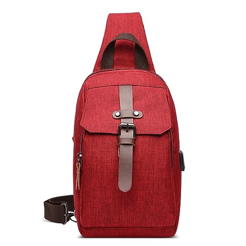 DORRISO Elegant Herren Brusttasche Leicht Schultertasche für 7,9 Zoll iPad mit USB Ladeanschluss Sling Bag für Urlaub Lässig Einkaufen Täglich Wandern Herren Leinwand Kuriertaschen Rot von DORRISO