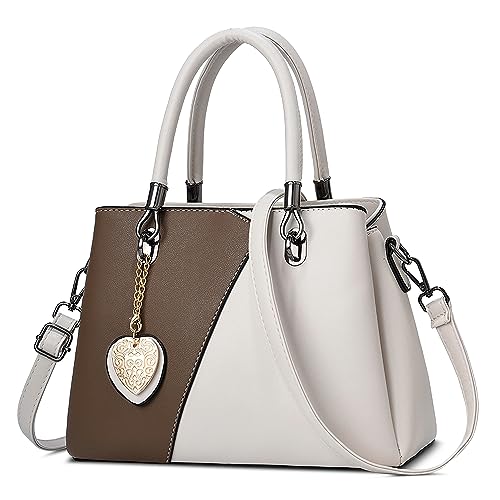DORRISO Mode Damen Henkeltasche Mittelgroß PU Leder Handtasche Schultertasche mit Schick Anhänger Shopper Tasche Kuriertaschen für Reise Einkaufen Urlaub Business Damen Umhängetasche Weiss Braun von DORRISO