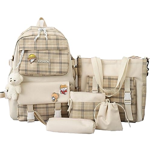 DRABEX 5 Pcs Set Kawaii Plaid Backpack Combo Kit, with Pin and Bear Pendant, Cute Children's Backpack, Handbag, Tote Bag, Back to School Supplies. (One Size,Khaki) von DRABEX