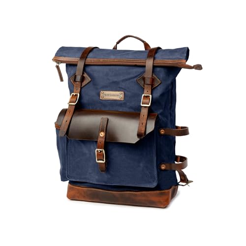 DRAKENSBERG Rolltop Rucksack 'Adam' aus gewachstem Canvas mit Leder, wasserabweisend - handwerkliche Perfektion, bis 30L - Ozean-Blau, DR00647 von DRAKENSBERG