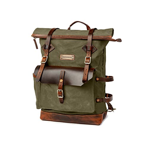 DRAKENSBERG Rolltop Rucksack 'Adam' aus gewachstem Canvas mit Leder, wasserabweisend - handwerkliche Perfektion, bis 30L - Wald-Grün, DR00627 von DRAKENSBERG