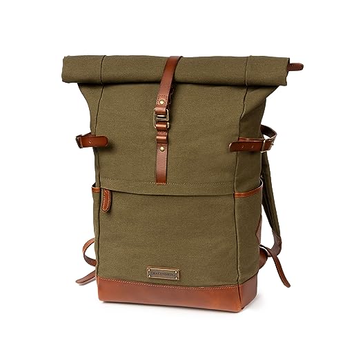 DRAKENSBERG Rolltop Rucksack 'Wyatt' aus Canvas und Leder mit Laptopfach - Vintage-Utility-Design für Damen, Herren, 20-30L - Oliv-Grün, DR00106 von DRAKENSBERG