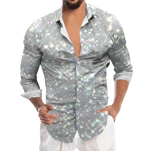 Glitzerhemd Herren Glitzer Shirt Goldenes Hemd Revers Pailletten 80er Jahre Mode Satin Lange Ärmel T Shirt Langarm Button Down Shirts 70er Disco Party Kostüm von DRALOFAO