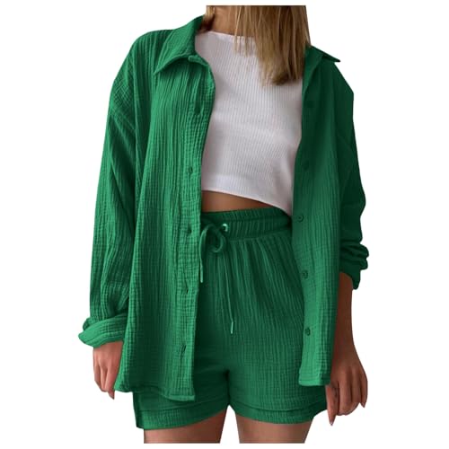 Musselin Bluse Damen Oversized, Sommer Zweiteiler Damen Elegant Musselin Bluse Und Shorts, Aesthetic Lounge Set Baumwolle Sportanzug Oversize Freizeitanzug Langarm Hausanzug Clothes M von DRALOFAO