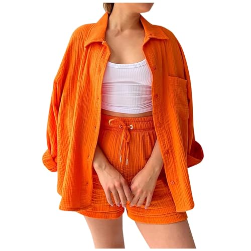 Musselin Set Damen, Sommer Zweiteiler Damen Elegant Musselin Bluse Und Shorts, Aesthetic Lounge Set Baumwolle Sportanzug Oversize Freizeitanzug Langarm Hausanzug Clothes XXL von DRALOFAO