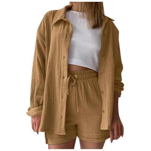 Musselin Set Damen, Sommer Zweiteiler Damen Elegant Musselin Bluse Und Shorts, Aesthetic Lounge Set Baumwolle Sportanzug Oversize Freizeitanzug Langarm Hausanzug Clothes XXL von DRALOFAO