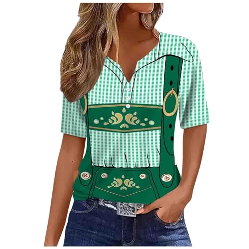 Trachtenhemd Damen Rundhals Trachten Shirt Licht Trachtenshirt Kurze Ärmel Trachtenblusen Trachtenbluse Atmungsaktiv Tracht Drucken Oberteil Kurzarm Ersatz Dirndl T Shirt von DRALOFAO