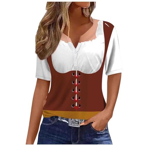 Trachtenhemd Damen Rundhals Trachten Shirt Licht Trachtenshirt Kurze Ärmel Trachtenblusen Trachtenbluse Atmungsaktiv Tracht Drucken Oberteil Kurzarm Ersatz Dirndl T Shirt von DRALOFAO