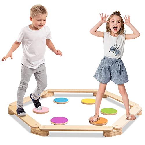 DREAMADE Balancierbalken mit 6 Trittsteine, Balancetraining für Kinder 3–7 Jahren, Schwebebalken Indoor & Outdoor, Motorik Spiel von DREAMADE