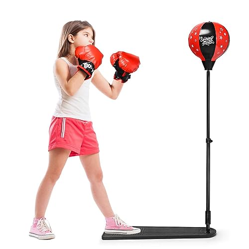 DREAMADE Boxset Boxstand für Kinder, Punchingball Set höhenverstellbar 85cm- 130cm, Punching Standbox mit Fußpedal für Kinder über 8 Jahre alt, Standboxsack mit Boxhandschuhen & Pumpe von DREAMADE