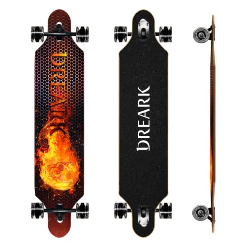 Longboard 42 Zoll Erwachsene Mädchen Jungen Anfänger, ABEC 11, Drop-Through Freeride Skateboards Cruiser bis 120 kg (Fire) von DREARK