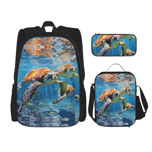 DRTGEDS 3-teiliges Rucksack-Set, Motiv: Meeresschildkröten, bedruckt, mit Lunch-Tasche, Federmäppchen von DRTGEDS