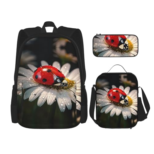 DRTGEDS Ladybug Blumenrucksack mit Lunchbox, 3-in-1-Set mit Federmäppchen, Rucksack mit großem Fassungsvermögen und Brustgurt von DRTGEDS