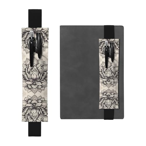 DRTGEDS Namaste Stiftehalter mit Lotusblüte, bunt, elastisches Band, PVC, Leder, abnehmbarer Stifthalter für Notizbuch, Schwarz, One Size von DRTGEDS