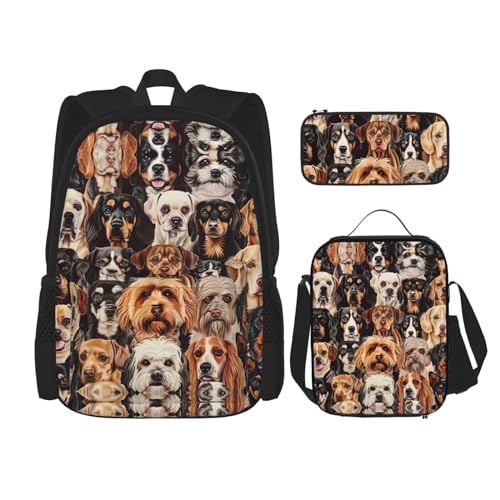 DRTGEDS Rucksack mit Hundemuster, 3-in-1-Set mit Federmäppchen, Rucksack mit großem Fassungsvermögen und Brustgurt von DRTGEDS