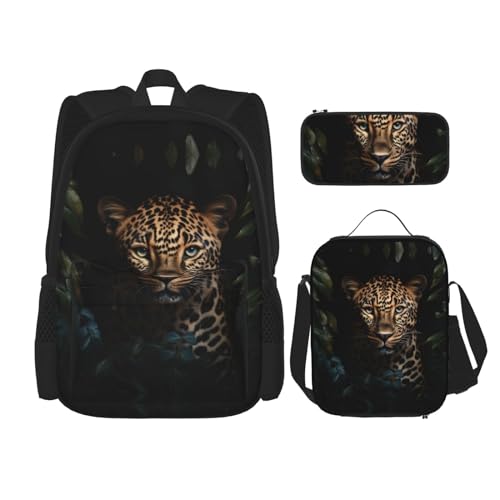 DRTGEDS Rucksack mit Leopardenmuster und Lunchbox, 3-in-1-Set mit Federmäppchen, Rucksack mit großem Fassungsvermögen und Brustgurt von DRTGEDS