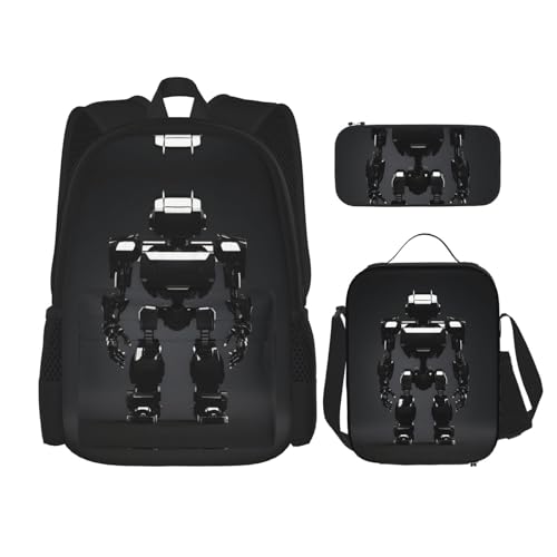 DRTGEDS Schwarzer Roboter-Rucksack mit Lunchbox, 3-in-1-Set mit Federmäppchen, Rucksack mit großem Fassungsvermögen und Brustgurt von DRTGEDS