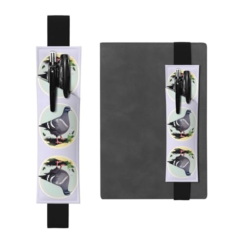 DRTGEDS Stiftehalter mit grauem Taubenmuster, buntes elastisches Band, PVC-Leder, abnehmbarer Stifthalter für Notizbuch von DRTGEDS