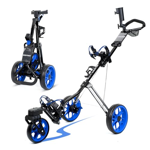 DRUIDS Golfwagen mit 3 Rädern, drehbares Vorderrad, höhenverstellbar, faltbar, leichter Trolley mit Fußbremse, D2, Blau von DRUIDS