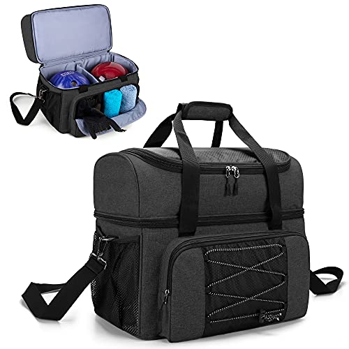 DSLEAF Bowling Bag for 2 Balls, Bowling Tote with Wooden Bowling Cups and Padded Divider for Double Ball and One Pair of Bowling Shoes Up to Mens 57 and Extra Essentials, Bag Only, Black von DSLEAF